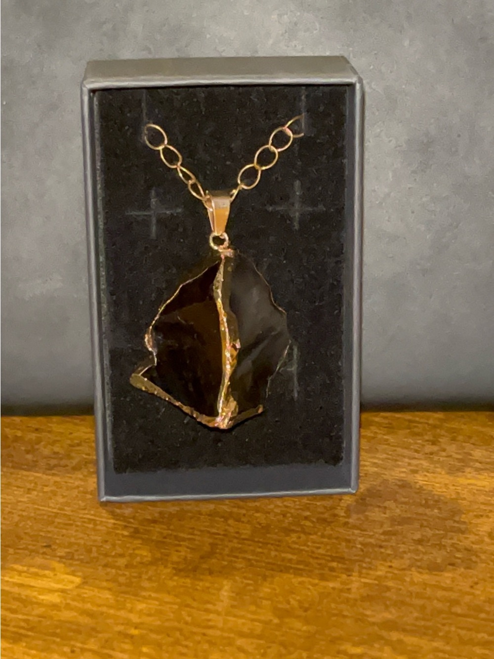 Gold-Trim Black Glass Freeform Pendant Necklace